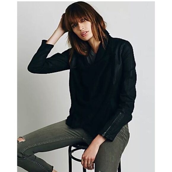 Free People black drape knit front denim jacket VGUC size 0 - Picture 3 of 16